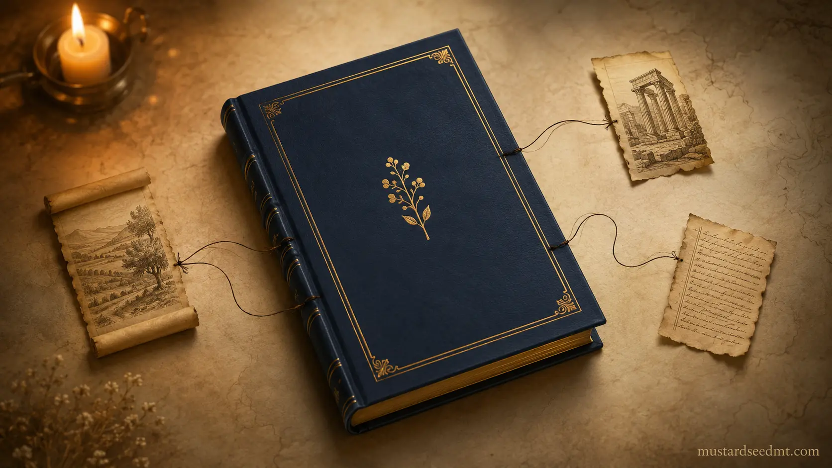 A closed gilded audit report on parchment, ink threads trailing from its edge to three small source scrolls.