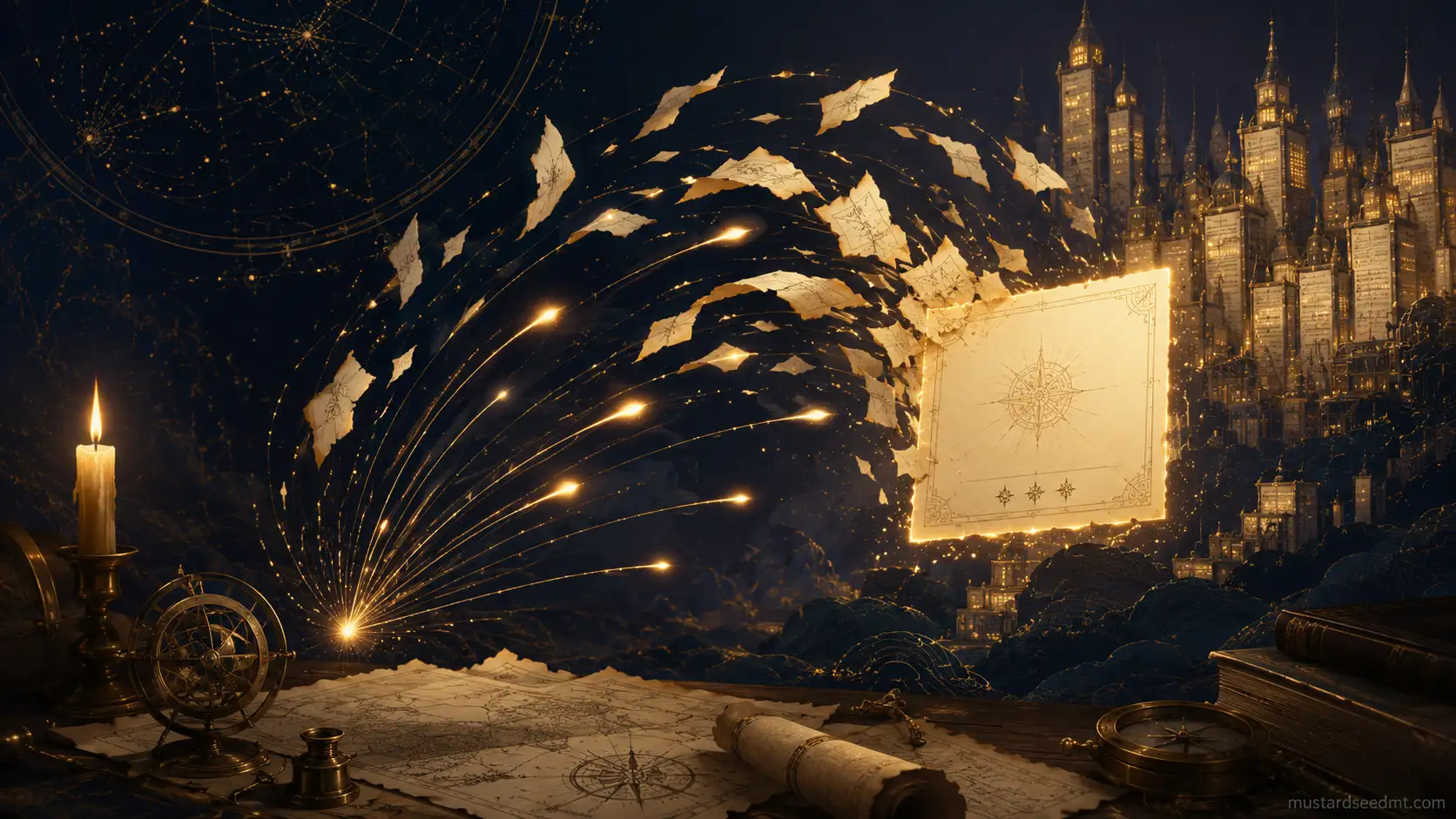 A point of golden light fanning out into comets that return carrying page fragments, assembling one glowing answer card with footnote marks.