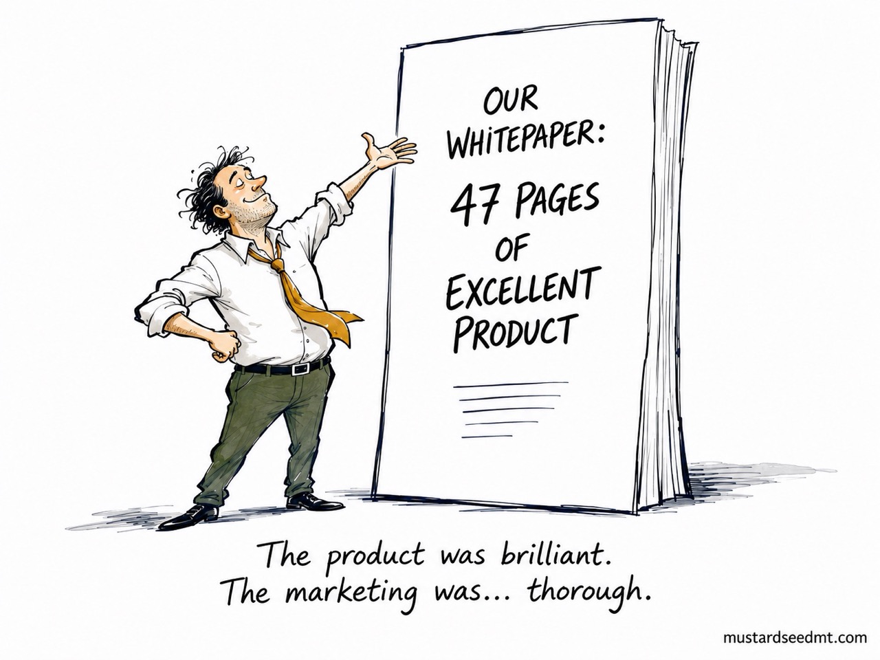 A marketer proudly presents a giant whitepaper titled 'Our Whitepaper: 47 Pages of Excellent Product'