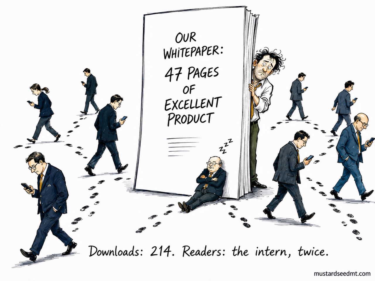 Office workers walk past the same giant whitepaper, absorbed in their phones, while one man hides behind it exhausted and another sleeps