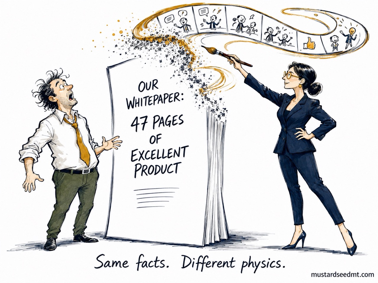 A woman with a paintbrush transforms the whitepaper into a colorful ribbon of comic panels, astonishing the marketer