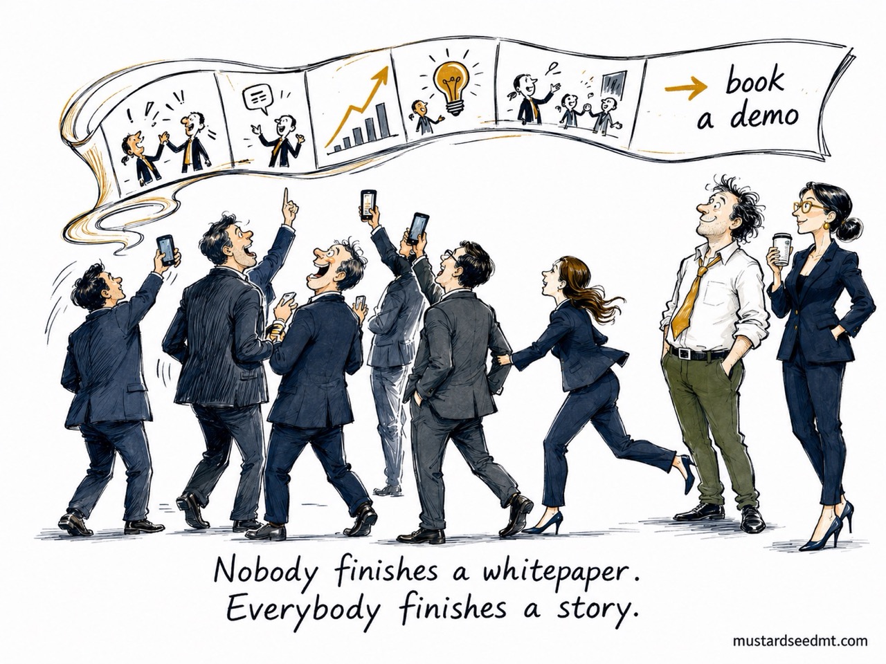 A banner of comic panels above a cheering crowd of office workers holding up their phones and walking toward a 'book a demo' arrow