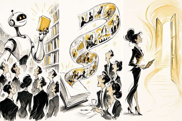 A robot librarian holds up a glowing book in front of an audience — AI Visibility Audit