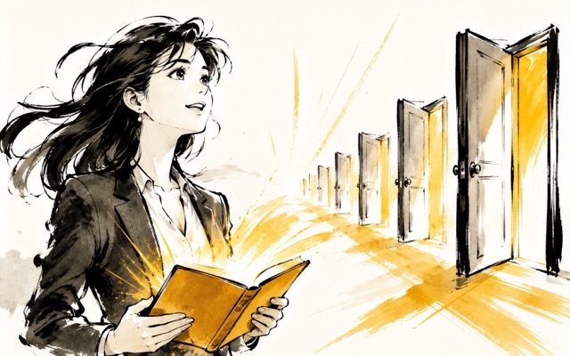 A woman holding a glowing e-book walks toward a hallway of opening doors — E-Book Campaigns