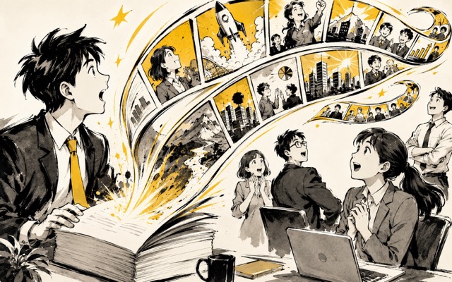 An open book bursts into a scroll of comic panels in front of an amazed team — Marketing by Story