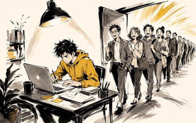 A solo founder works at a desk while a line of excited clients enters through the door — Solo Business Marketing