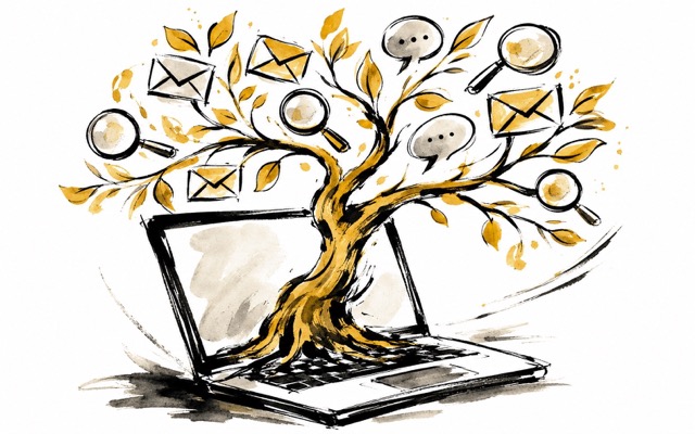 A tree growing from an open laptop, its leaves shaped like mail, search, and chat icons — Website Growth System